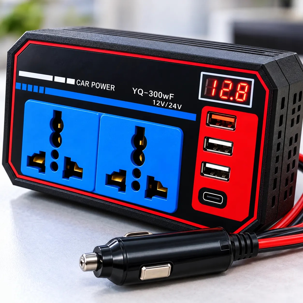 Автомобільний перетворювач напруги YQ-300WF 12/24 В – 220 В, 200 Вт, 3 USB+Type-C з цифровим дисплеєм