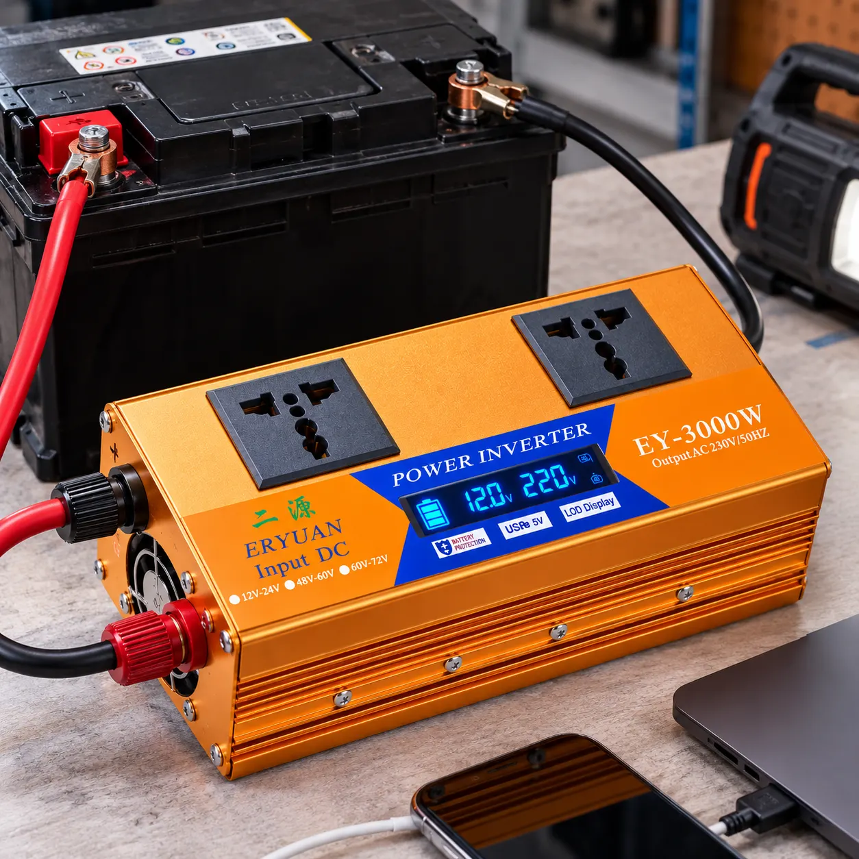 Перетворювач напруги Eryuan EY-3000W 12В-220В / Інвертор з LCD-дисплеєм та USB 3000 Вт